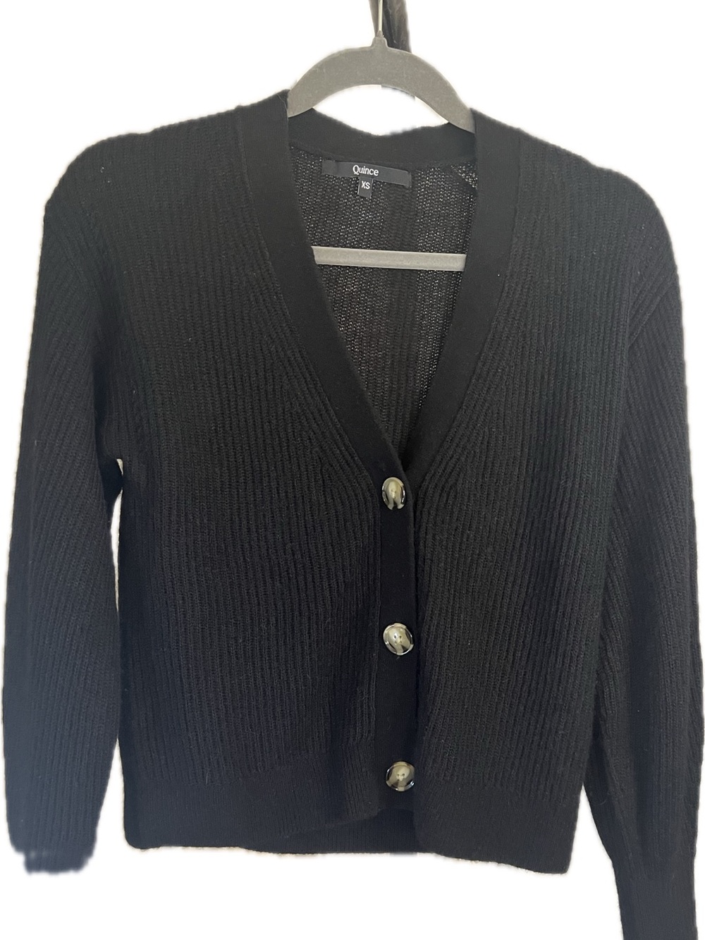 Quince Soft Baby Alpaca/Merino Blend Black Ribbed V-Neck Button Crop Cardigan
